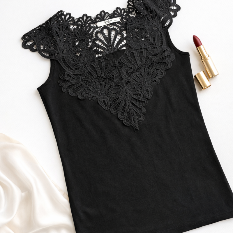 czarny top damski z koronką elegancka bluzka bez rękawów stylizacja z czerwoną szminką