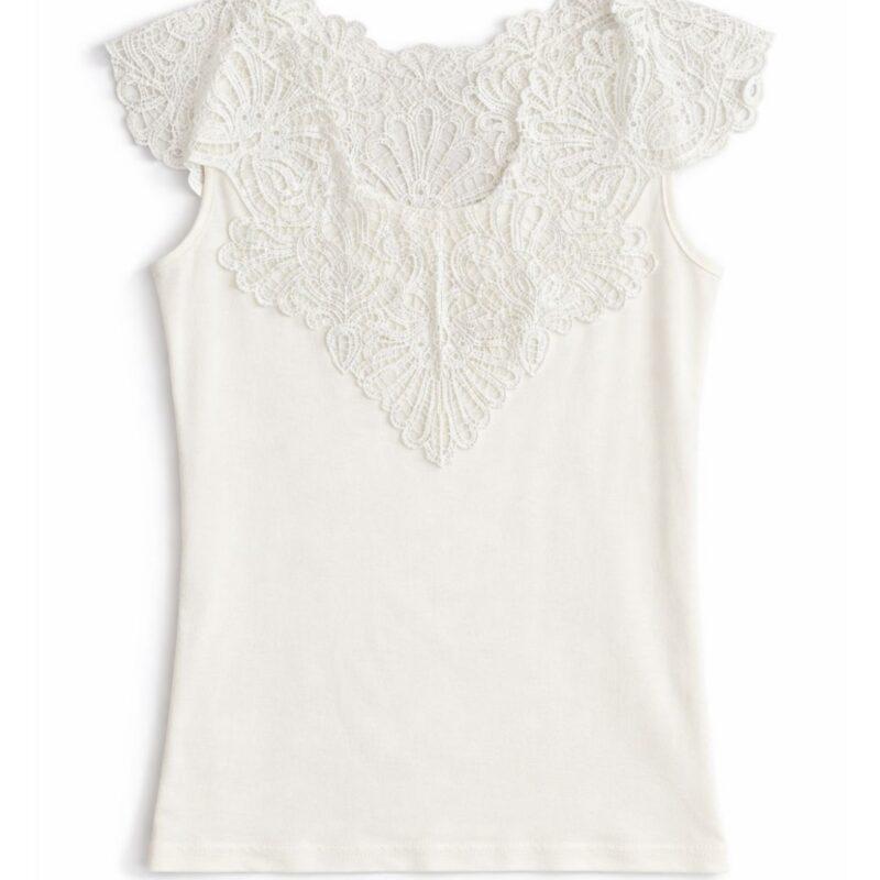 biały top damski z gipiurą elegancka bluzka bez rękawów ozdobny dekolt