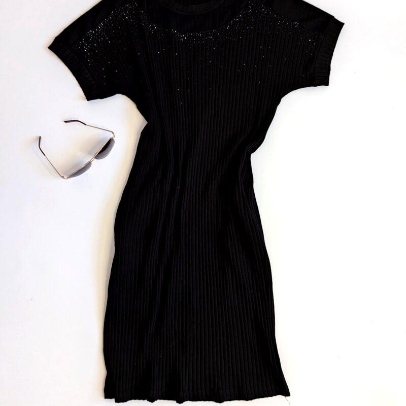 czarna sukienka prążkowana damska z siateczką i cyrkoniami