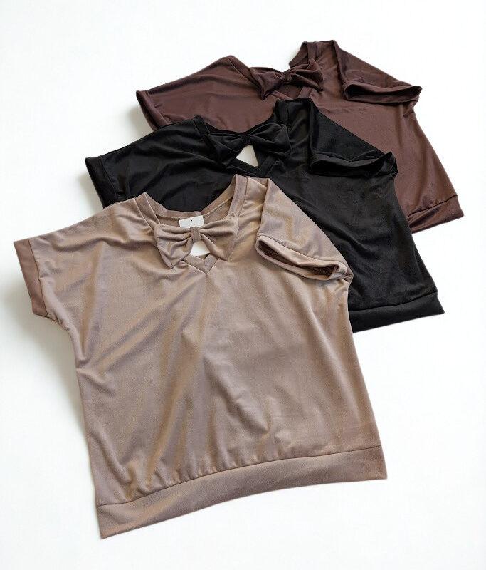 komplet dresowy damski welurowy z kokardką na plecach kolor czarny, beżowy i czekoladowy