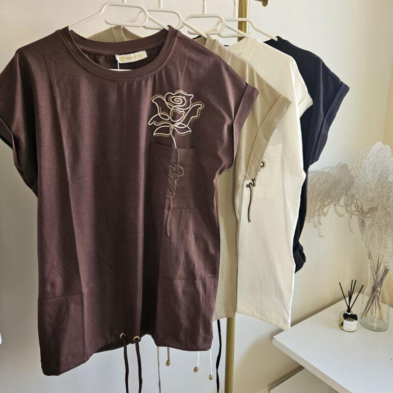 koszulka damska z kwiatkiem w kieszeni i cyrkoniami Stylowe Strio