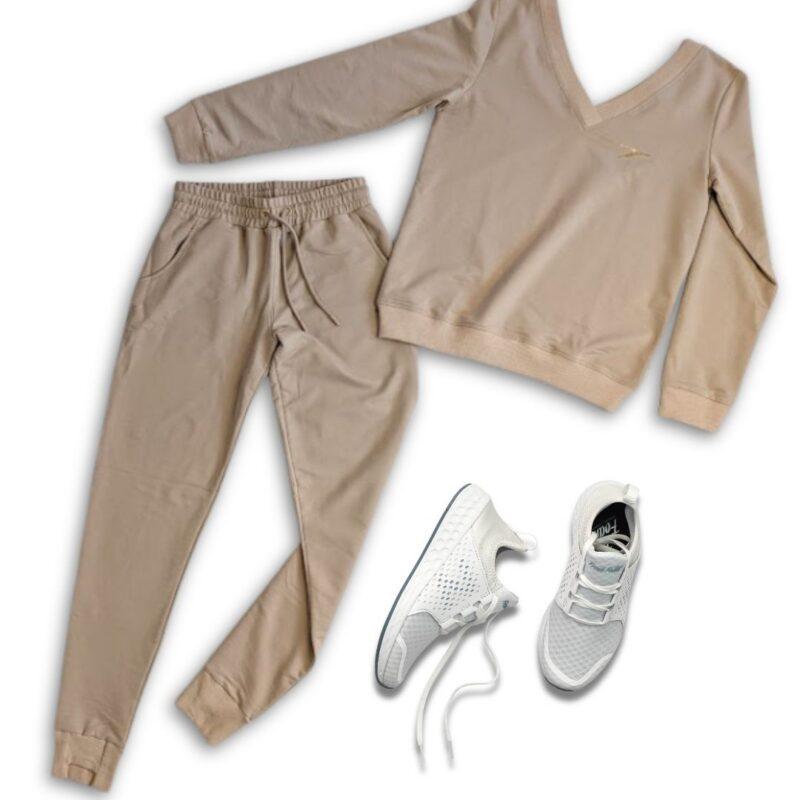 beżowy komplet dresowy damski bluza spodnie bawełniany
