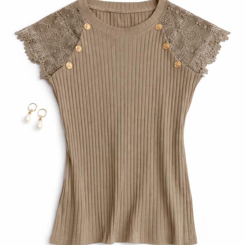 elegancka bluzka damska beżowa z koronkowymi rękawami
