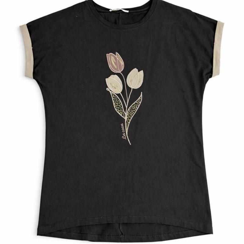 Czarna bluzka damska z haftem tulipanów i cyrkoniami elegancka koszulka