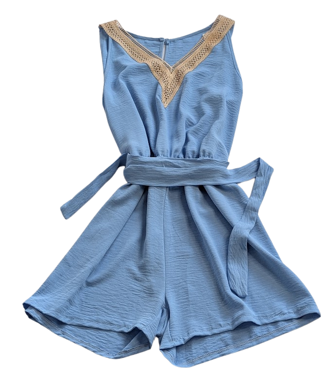 kombinezon damski krótki wiązanie w talii niebieski letni elegancki