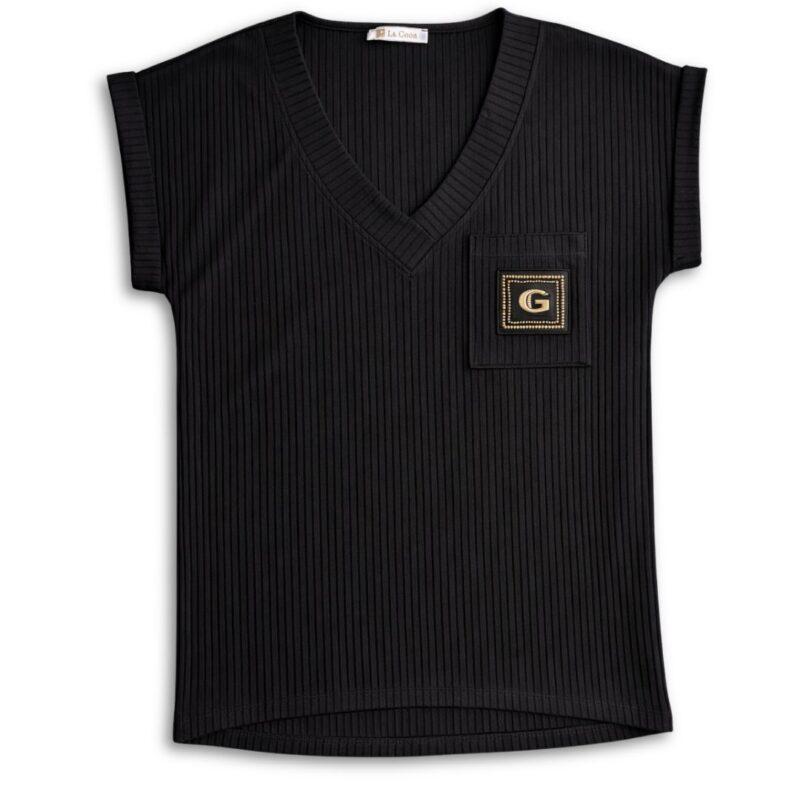 czarna koszulka prążkowana damska dekolt V luźna