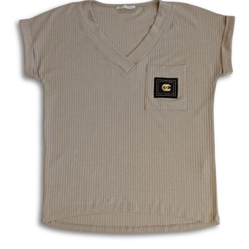 beżowa koszulka prążkowana damska dekolt V luźna