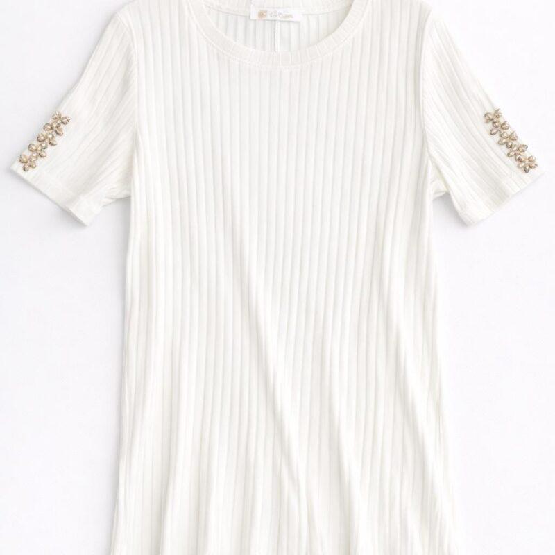 biała koszulka prążkowana damska z cyrkoniami kwiatki rękaw