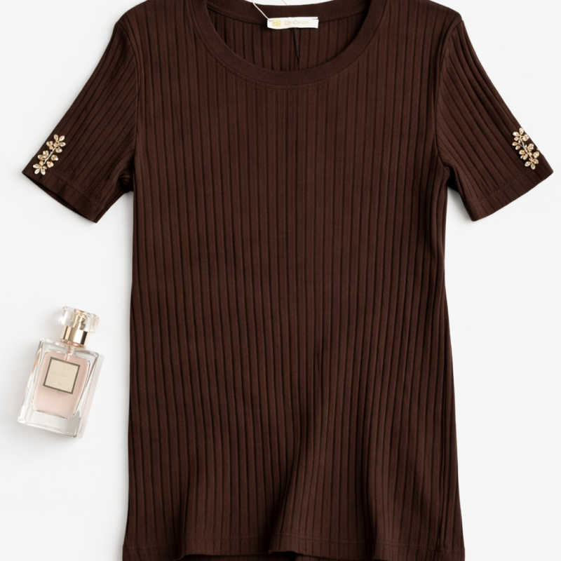 bluzka damska prążkowana kolor czekolada z cyrkoniami