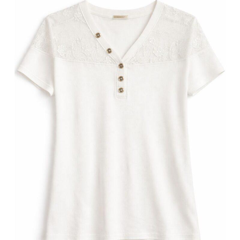 Biała bluzka damska z koronką przy dekolcie i ozdobnymi guzikami