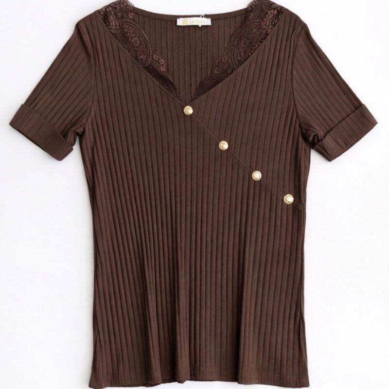 Brązowa bluzka damska prążkowana elegancka elastyczna