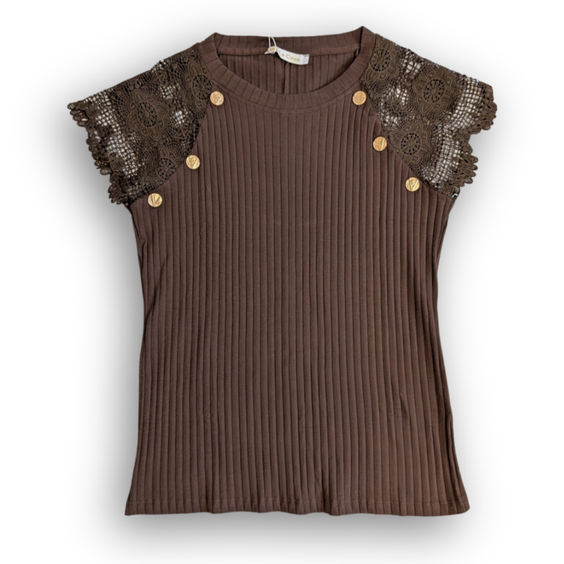 Bluzka damska brązowa prążkowana z koronką na ramionach i złotymi guzikami