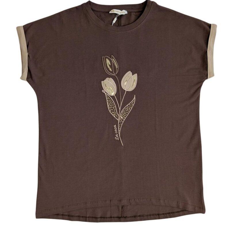 bluzka damska brązowa z haftem tulipanów i cyrkoniami krótki rękaw