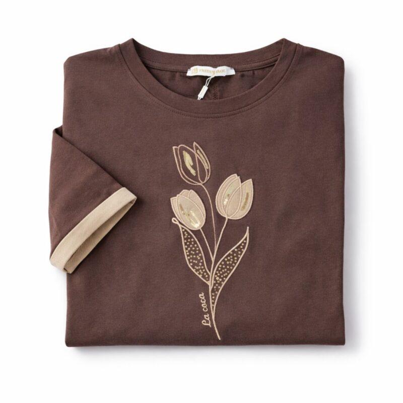 złożona bluzka damska brązowa z haftem tulipany i delikatnymi cyrkoniami