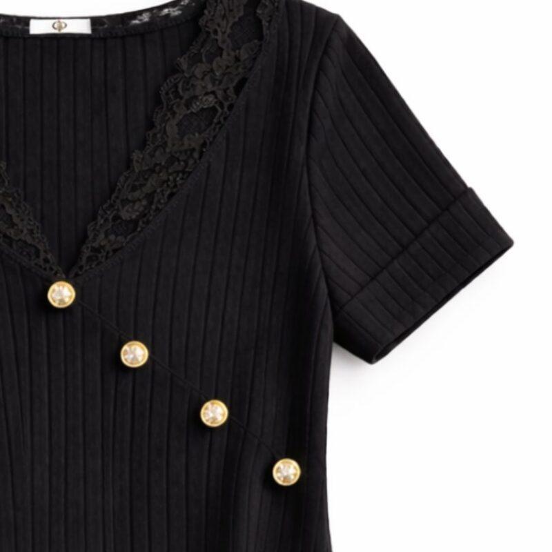 Bluzka czarna damska dekolt V koronka złote guziki elegancka