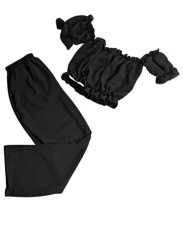 komplet damski czarny spodnie szerokie i bluzka hiszpanka lato