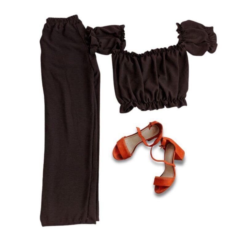 komplet damski czekoladowy spodnie szerokie i bluzka hiszpanka lato